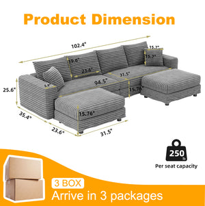 English Elm 102.4" Plush Corduroy 4-Seat Sofa - Modular Cloud Couch With Ottomans For Ultimate Comfort & Style W1885S00109