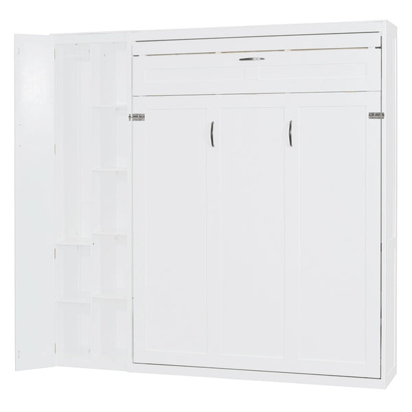 English Elm Queen Murphy Wall Bed with Led Lighting Open Shelves and Wardrobe Cabinet Storage White LP000899AAK-1