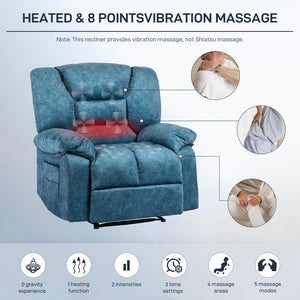English Elm Living Space Massage Recliner Chair with Lumbar Heat Vibration and Full Body Support Blue W1403P457323