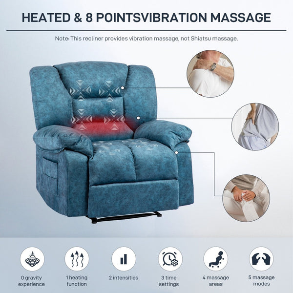 English Elm Living Space Massage Recliner Chair with Lumbar Heat Vibration and Full Body Support Blue W1403P457323
