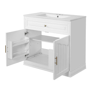 English Elm 36" Luxurious Bathroom Vanity with Ceramic Sink and Soft-Close Doors, Solid Wood Frame, Adjustable Shelves White N710P288944K