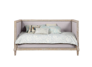 English Elm Beige Padded Linen Twin Daybed with Nailhead Trim, 13-Slat Support & Weathered Oak Tapered Legs B062S00502