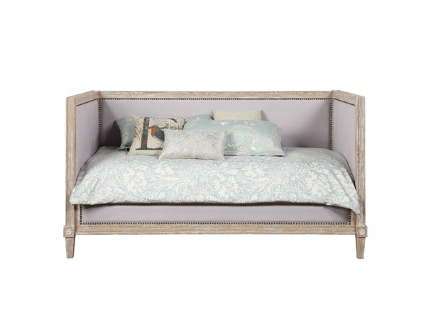 English Elm Beige Padded Linen Twin Daybed with Nailhead Trim, 13-Slat Support & Weathered Oak Tapered Legs B062S00502