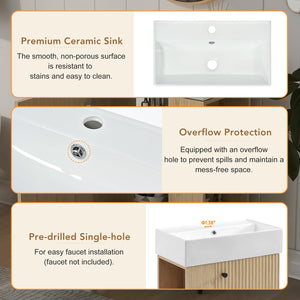 English Elm 21.6 Modern Floating Bathroom Vanity with Ceramic Basin, Wave Door, Rose Gold Handle, Space-Saving Wood N729P170390D