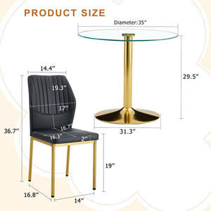 English Elm Table 35" Transparent Round Glass Dining Set With Gold Metal Base & 4 Black Pu High-Resilience Chairs W1151S03702-GIGA