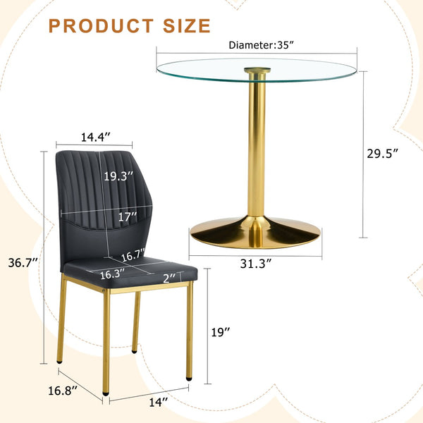 English Elm Table 35" Transparent Round Glass Dining Set With Gold Metal Base & 4 Black Pu High-Resilience Chairs W1151S03702-GIGA