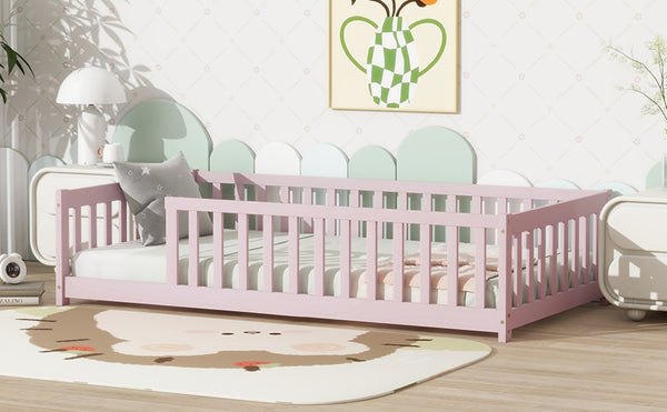 English Elm Twin Solid Rubberwood Floor Bed with Full Perimeter Safety Rails for Toddler Rooms Pink W504P296798