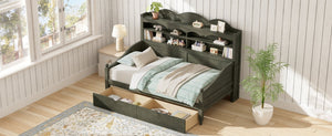 English Elm Twin Daybed Retro Wood Frame with Under Bed Drawers and Headboard Shelving Antique Grey N733S415358E