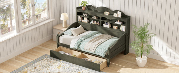 English Elm Twin Daybed Retro Wood Frame with Under Bed Drawers and Headboard Shelving Antique Grey N733S415358E