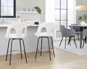 English Elm Fixed-height Swivel Counterstools with White Upholstery Gold Footrest Set of 2 B202S01784