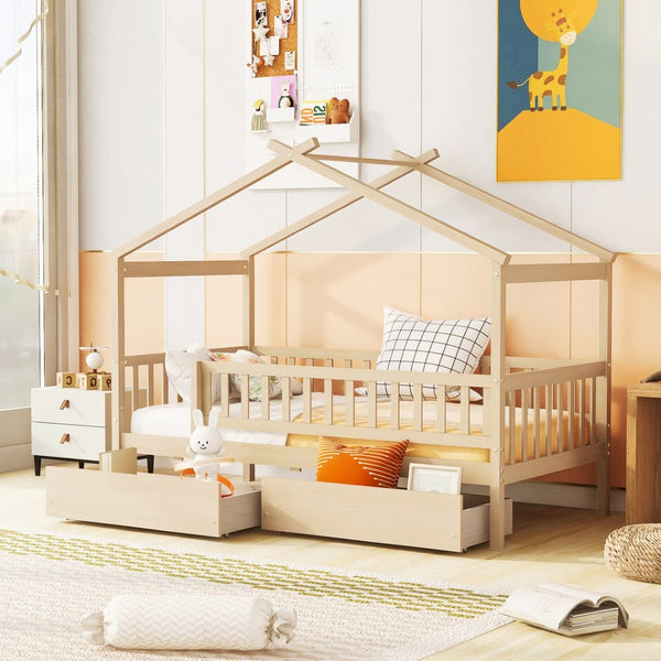 English Elm Twin House Bed Pine Wood Frame with Storage Drawers Kids Bedroom Playful Design Natural WF302181AAN