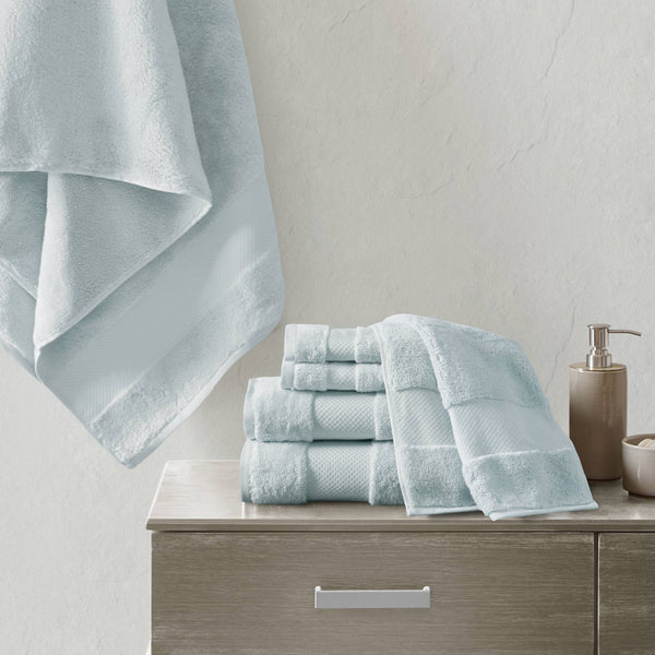 JLA Home Madison Park Signature - Cotton Turkish 6-Piece Bath Towel Set — Oversized 600 GSM Plush Towels with Dobby Border, OEKO-TEX Certified Light Blue MPS73-455