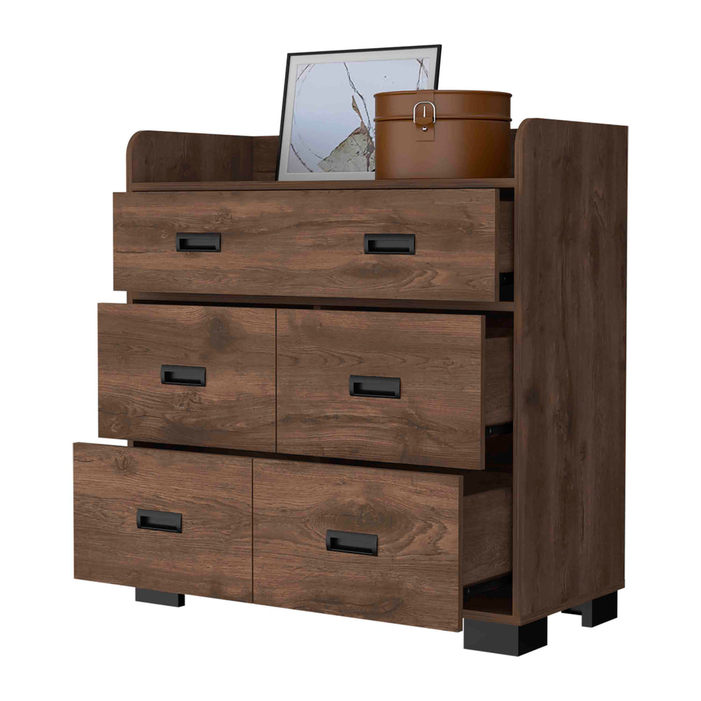 English Elm Anemone Elegant 5-Drawer Dresser with Double Drawer & Spacious Storage, Durable Particleboard Design Brown 37 L x 21 W x 6 H B128S00078