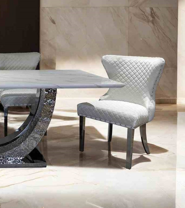 English Elm Glam Side Chair Set - Modern White Upholstery With Diamond Pattern, Nailhead Trim & Silver Legs B2741P406809