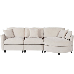 English Elm U_style Chenille Sectional Sofa with Curved Chaise Pine Frame and Three Accent Pillows Beige WY000461AAA