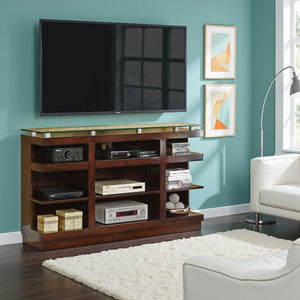 English Elm Novella Hardwood Media Console with Tempered Glass Top and Open Shelves for Living Room B108P481214