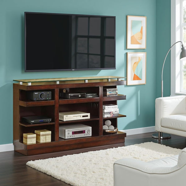 English Elm Novella Hardwood Media Console with Tempered Glass Top and Open Shelves for Living Room B108P481214