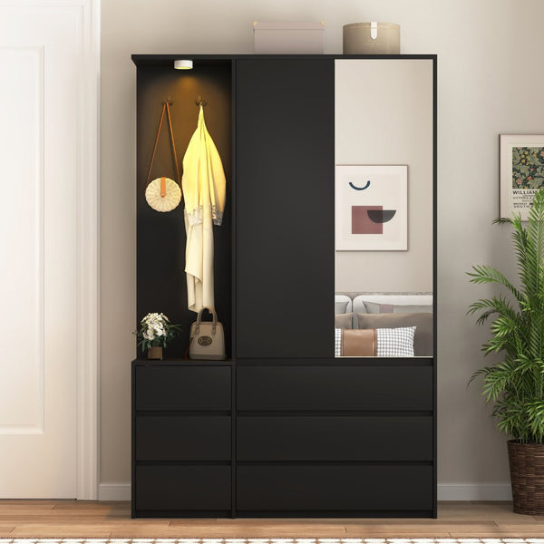 English Elm 8 Drawer Tall Chest Slim Particleboard Build Smooth Gliding Storage for Bedroom Closet Black W409S00007