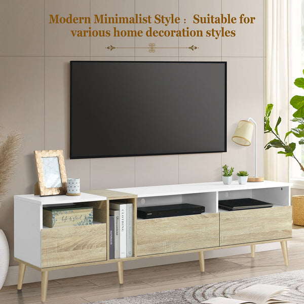 English Elm Modern TV Stand with 3 Drawers & 4 Open Shelves, 80" Media Console White+Wood, Cable Management, P2 Board N710P234108K