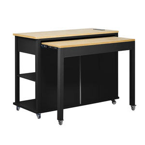 English Elm K&K 47 Inch Kitchen Island with Extendable Dining Table, Rolling Storage Cabinet, Built-In Power Black N707P215327B