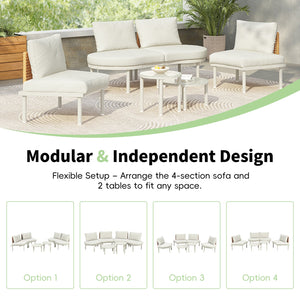 English Elm TOPMAX 6-Piece Modular Patio Sofa Set with 2 High-Low Coffee Tables, PE Wicker, Tempered Glass, Cushioned Comfort and Versatile Outdoor Configuration Beige SP100028AAA