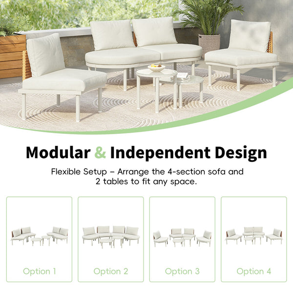 English Elm TOPMAX 6-Piece Modular Patio Sofa Set with 2 High-Low Coffee Tables, PE Wicker, Tempered Glass, Cushioned Comfort and Versatile Outdoor Configuration Beige SP100028AAA
