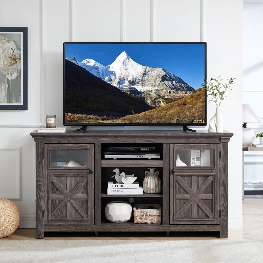 English Elm 2 Door Farmhouse Tv Stand with Barn Style Panels and Open Shelving for Living Room W1758P199935