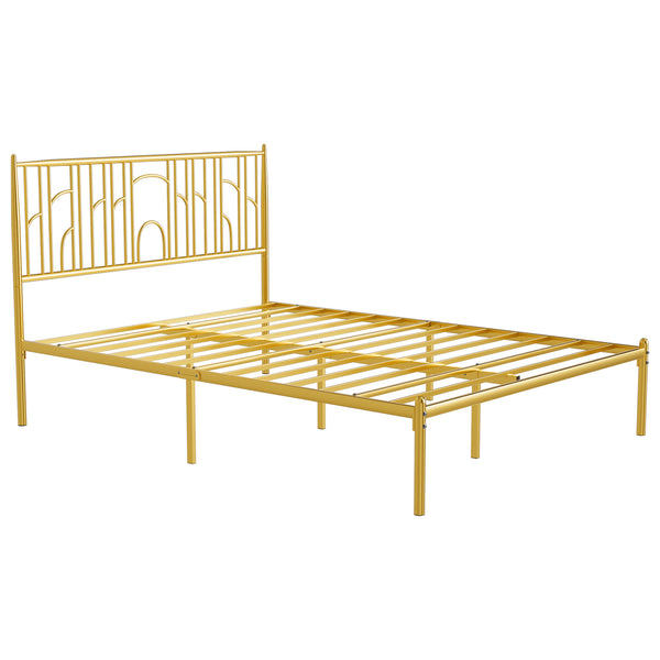 English Elm Queen Upholstered Platform Bed Frame with Wooden Slats, Padded Headboard, Sturdy 800lb Support Gold W2992P233431