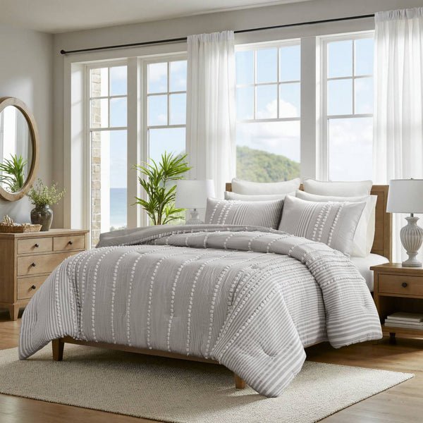 English Elm 3-piece Cotton Yarn Dyed Comforter Set Jacquard Pompom Stripe Coastal Bedroom Grey B035P482890