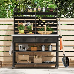 English Elm K&K 64.9" Outdoor Potting Bench with 1.2" Stainless Steel Top, Lockable Wheels, Hutch & Drawers Black N707P228274B