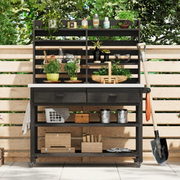 English Elm K&K 64.9" Outdoor Potting Bench with 1.2" Stainless Steel Top, Lockable Wheels, Hutch & Drawers Black N707P228274B