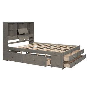 English Elm Queen Platform Bed with Built-In Headboard Storage and 8 Drawers, Solid Wood MDF, Sturdy Design Gray GX000453AAE