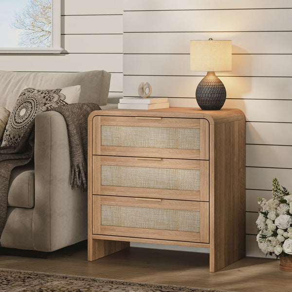 English Elm Rattan Drawer Nightstand Set with Built-in Charging Station and Open Shelf Bedroom Storage Caramel W1820P410559