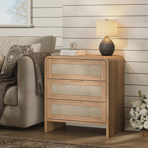 English Elm Rattan Drawer Nightstand Set with Built-in Charging Station and Open Shelf Bedroom Storage Caramel W1820P414049