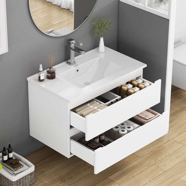 English Elm 32-Inch Wall-Mounted Bathroom Vanity With Soft-Close Sink, Double Drawers, Modern Design & Easy Install W3151S00047