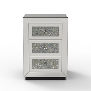 English Elm 3-drawer Mirrored Nightstand with Glitter Glam Silver Finish for Bedroom or Entryway W3935P462091