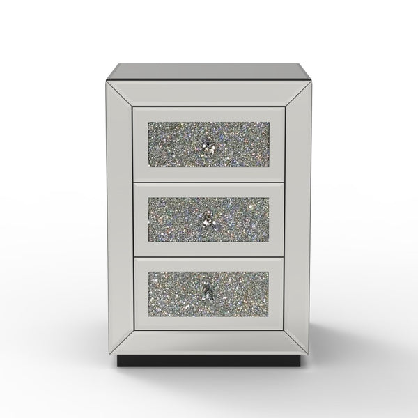English Elm 3-drawer Mirrored Nightstand with Glitter Glam Silver Finish for Bedroom or Entryway W3935P462091