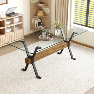 English Elm Elegant Transparent Tempered Glass Dining Table 79"x31.5" with X-Frame Black Metal Legs, Sleek MDF Beam, Seats 6-10 W1151S03586