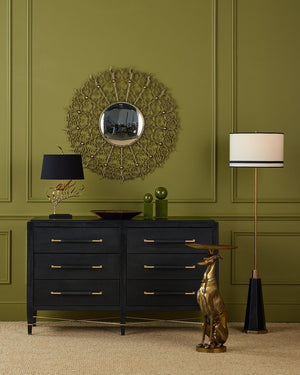 Currey & Company Levain Round Mirror - Elegant Convex Design With Ornate Gold Leaf Frame, Timeless Vintage Charm Brass Iron ,Glass ,Engineered Wood 1000-0165-currey-company