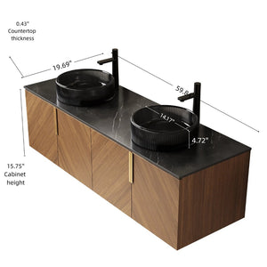 English Elm Dina 60 Inch Floating Bathroom Vanity Sintered Stone Top Dual Glass Basins Wood Grain W2615S00452