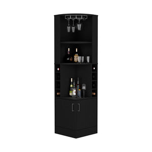 English Elm Corner Bar Cabinet Atanasio Black — Space-Saving Corner Wine Storage with Glass Rack, 8 Cubbies, Durable Materials B092S00012
