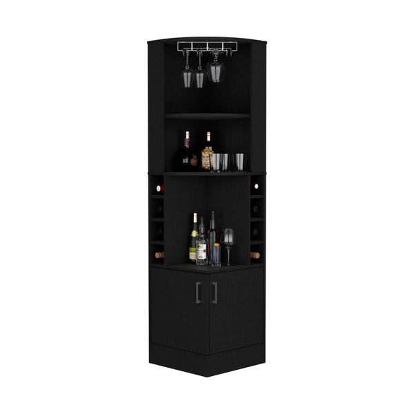 English Elm Corner Bar Cabinet Atanasio Black — Space-Saving Corner Wine Storage with Glass Rack, 8 Cubbies, Durable Materials B092S00012