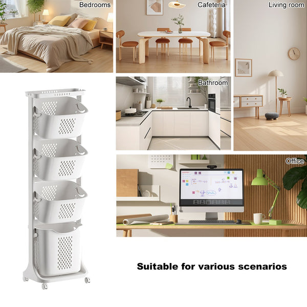 English Elm 4-Tier Laundry Hamper Sorter with Wheels - Removable Rolling Baskets, Space-Saving White Organizer for Small Rooms W3101P335166