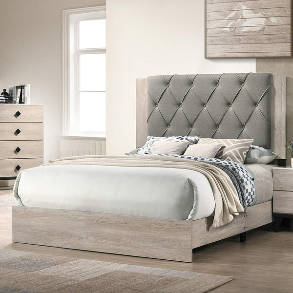 English Elm Contemporary California King Bed Frame With Cream Finish & Gray Tufted Headboard – Modern Design B011P236791