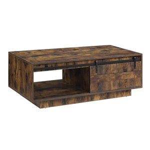 English Elm Bellarosa Rustic Oak Coffee Table with Sliding Barn Door, Drawer Storage, Durable MDF & Metal Build B2726P268333