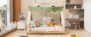 English Elm Twin Cabin Bed with Detachable Tent Skylight and Woodland Deer Antler Accents White N708P356717K