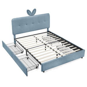 English Elm Queen Boucle Upholstered Kids Bed with Rabbit Ear Headboard Led Lighting Storage Drawers Navy W1413P384928