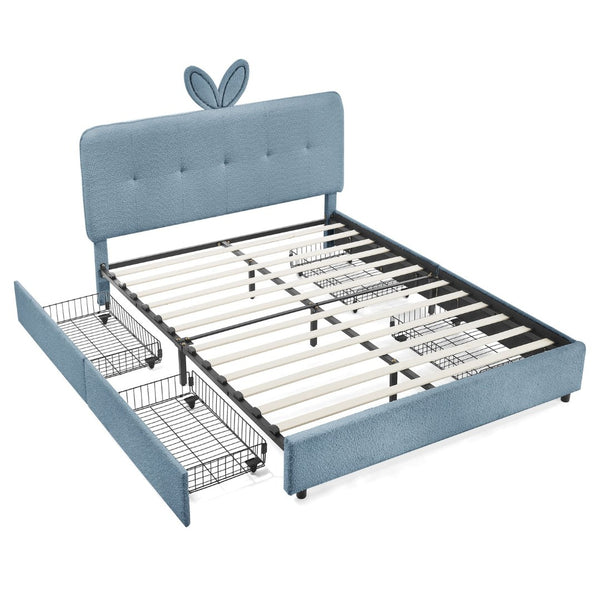 English Elm Queen Boucle Upholstered Kids Bed with Rabbit Ear Headboard Led Lighting Storage Drawers Navy W1413P384928