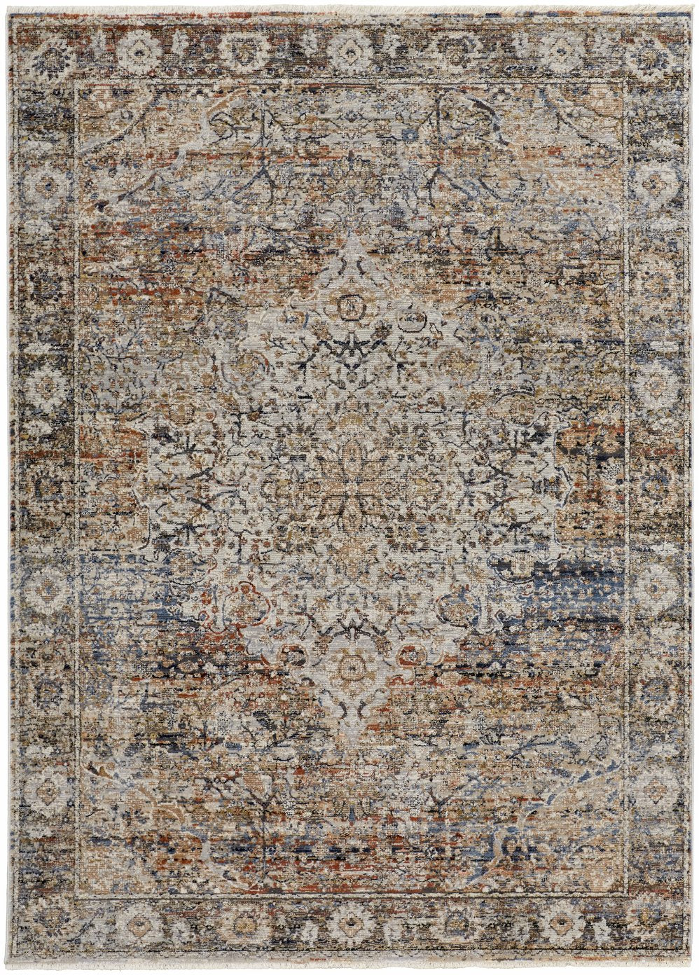 Feizy Rugs Kaia Luxurious Low Pile Area Rug – Soft, Durable Medallion Design Perfect For High Traffic Spaces Tan,Orange,Blue Polypropylene,Viscose,Polyester Kai39gmfmlt000b00