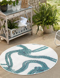 Unique Loom Outdoor Coastal Tethered Machine Made Solid Print Rug Ivory, Navy Blue/Green 7' 1" x 7' 1"